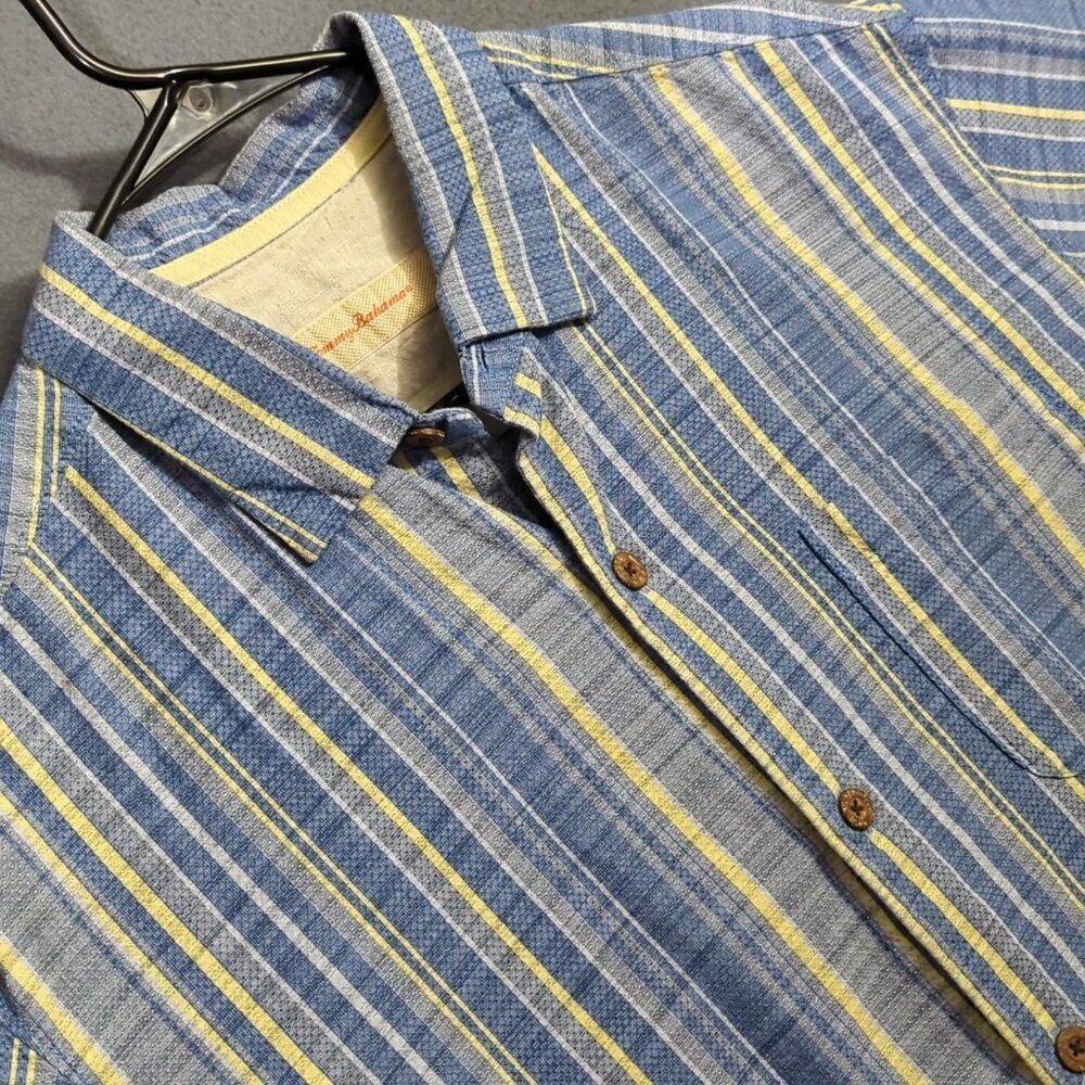 Tommy Bahama Shirt Men's L Blue Striped Short Sleeve Silk Cotton Blend